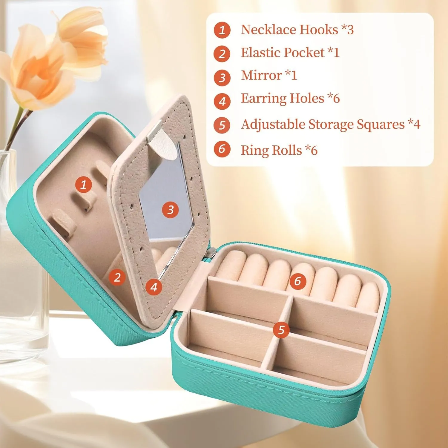 Travel Jewelry Case - Small Jewelry Box for Women Girls Gift Organizer Leather Jewelry Holder Boxes with Mirror, Mint Green, Initial K