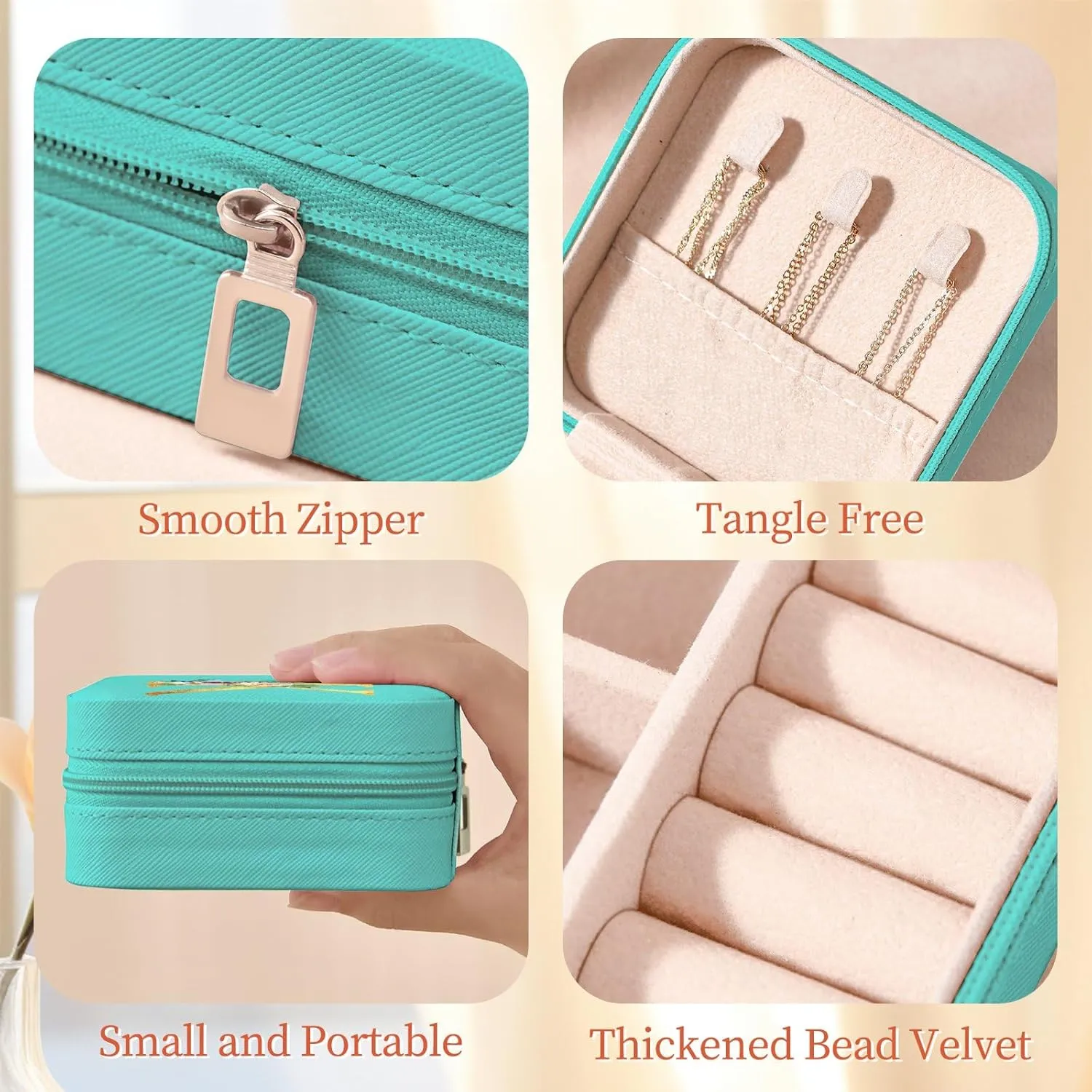 Travel Jewelry Case - Small Jewelry Box for Women Girls Gift Organizer Leather Jewelry Holder Boxes with Mirror, Mint Green, Initial K
