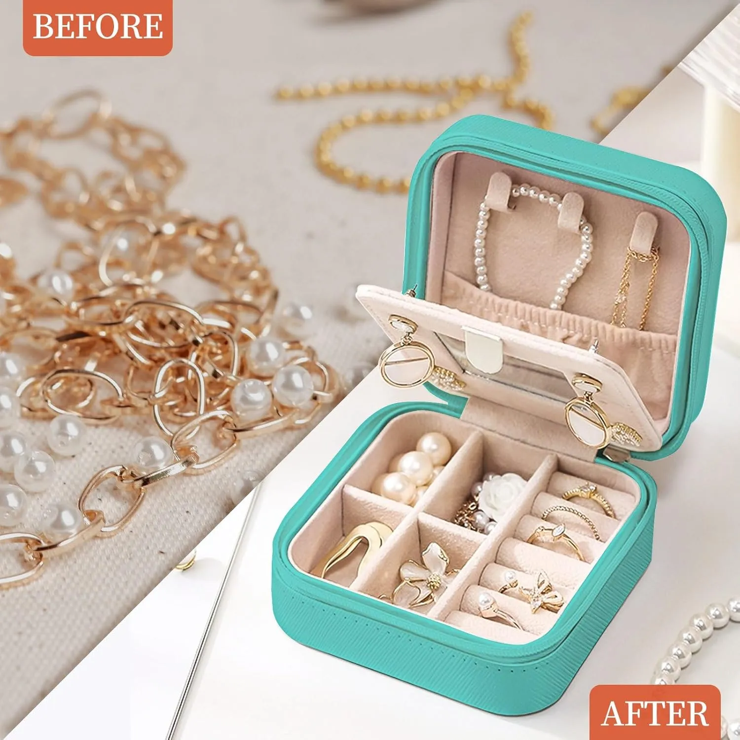 Travel Jewelry Case - Small Jewelry Box for Women Girls Gift Organizer Leather Jewelry Holder Boxes with Mirror, Mint Green, Initial K
