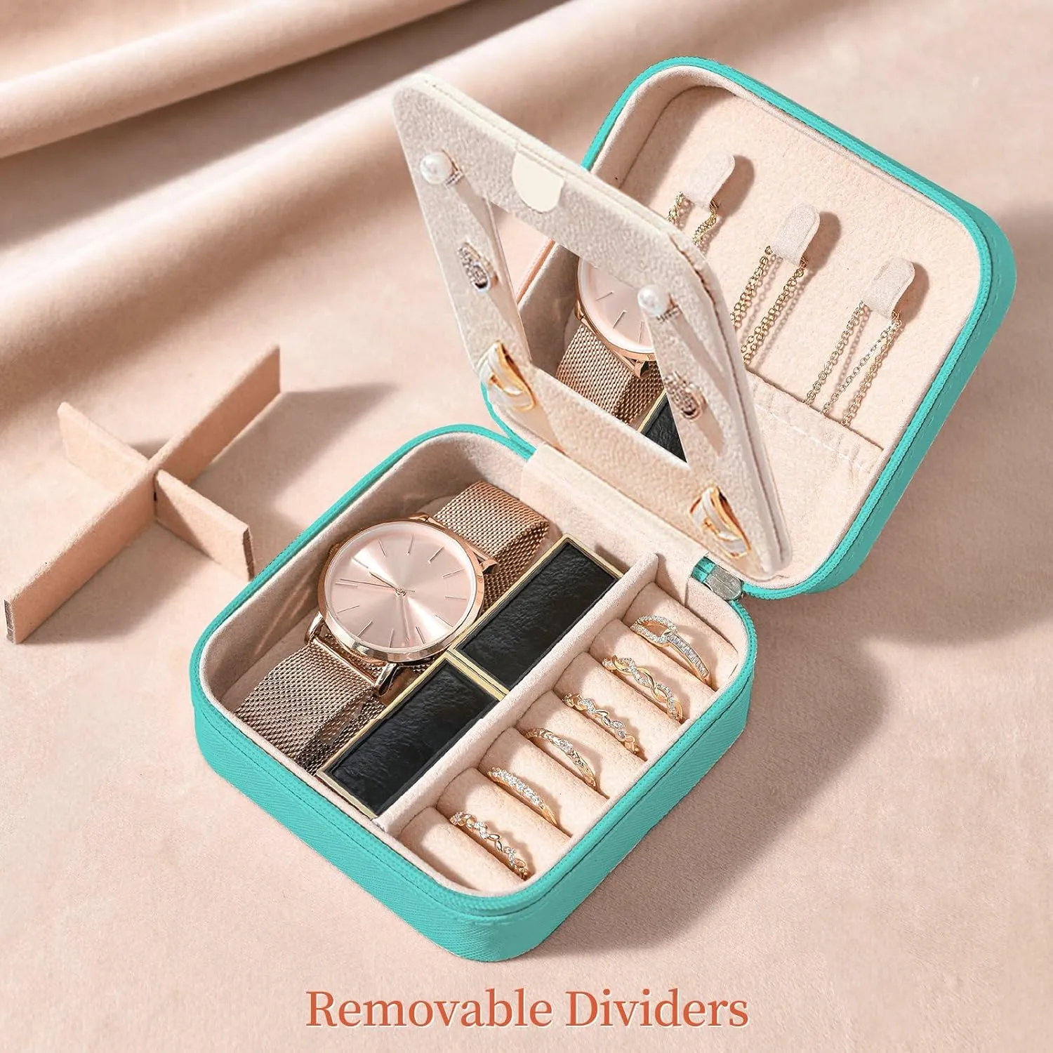 Travel Jewelry Case - Small Jewelry Box for Women Girls Gift Organizer Leather Jewelry Holder Boxes with Mirror, Mint Green, Initial K