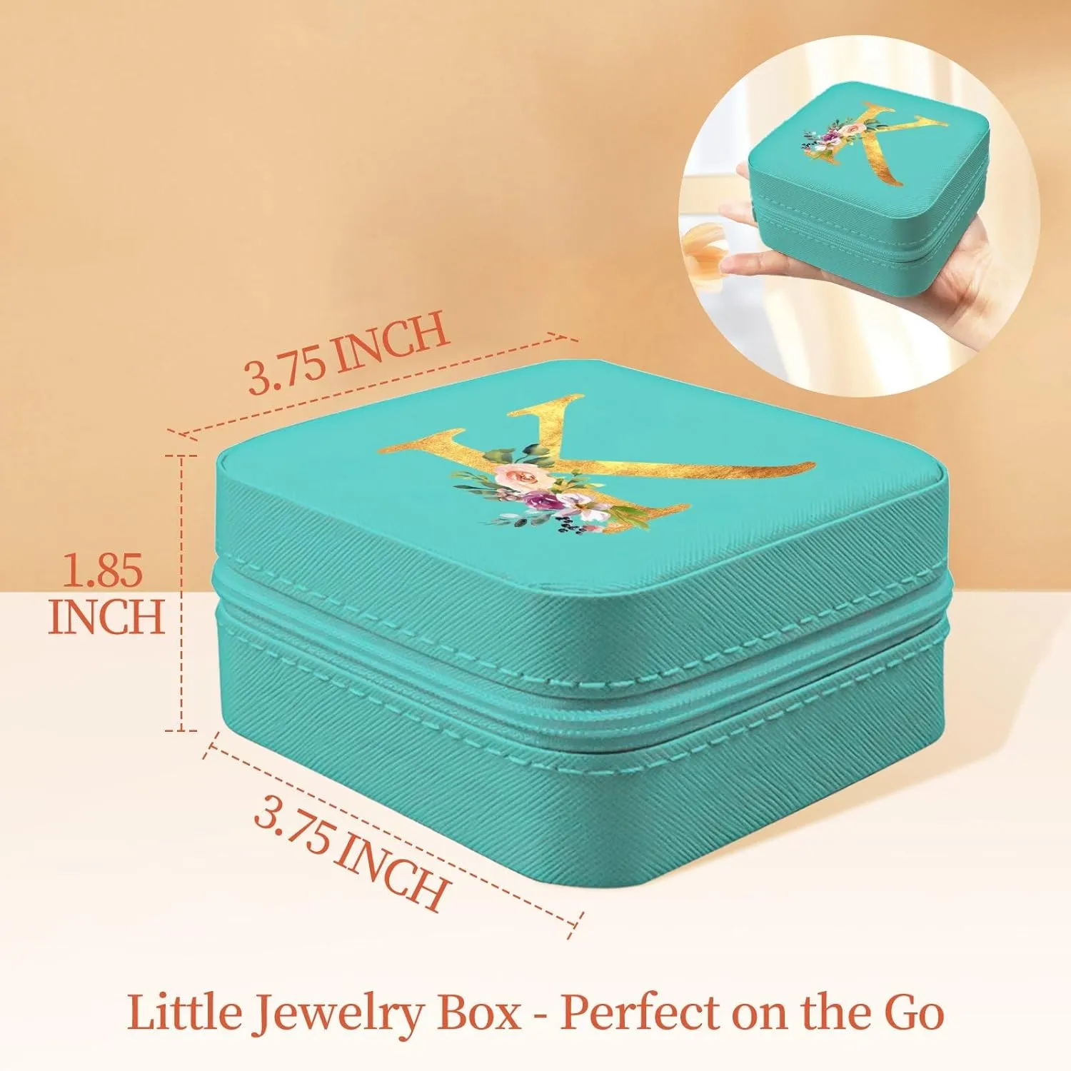 Travel Jewelry Case - Small Jewelry Box for Women Girls Gift Organizer Leather Jewelry Holder Boxes with Mirror, Mint Green, Initial K
