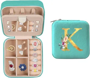 Travel Jewelry Case - Small Jewelry Box for Women Girls Gift Organizer Leather Jewelry Holder Boxes with Mirror, Mint Green, Initial K