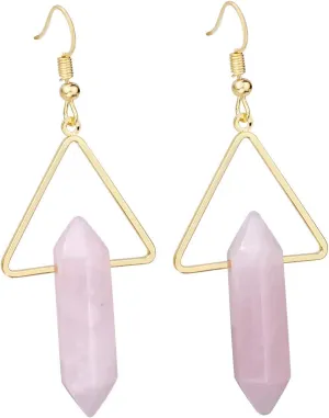 TUMBEELLUWA Healing Crystal Stone Dangle Earrings for Women Hexagonal Quartz Stone Points Triangle Earrings