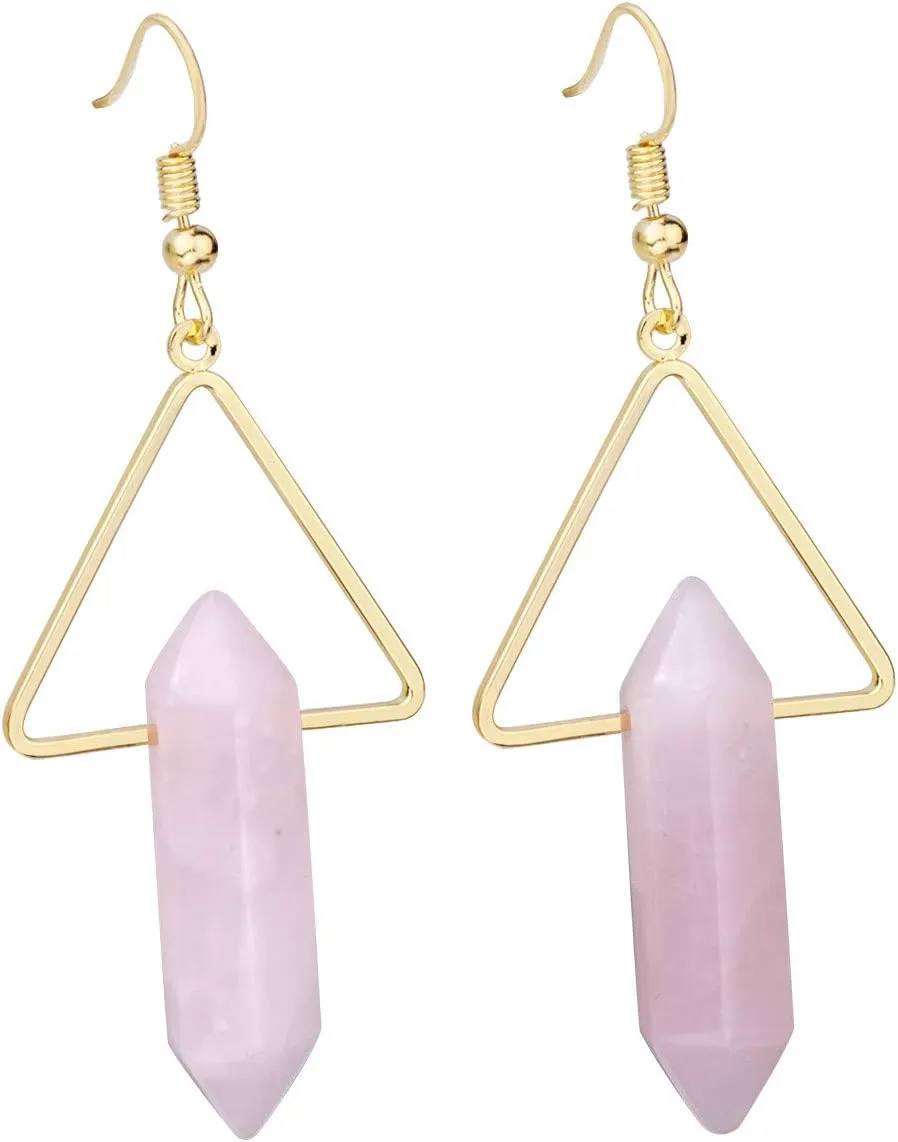 TUMBEELLUWA Healing Crystal Stone Dangle Earrings for Women Hexagonal Quartz Stone Points Triangle Earrings