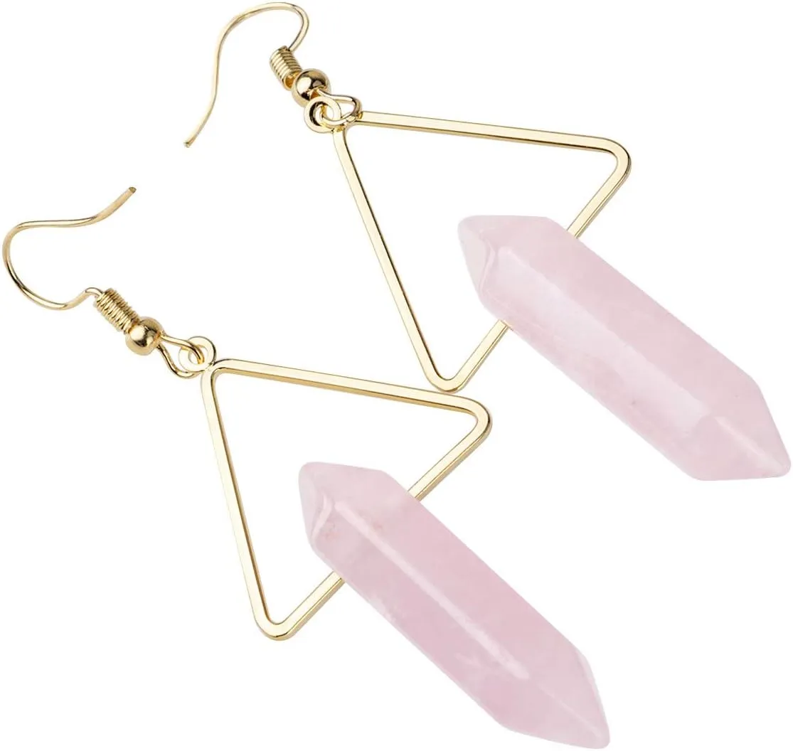 TUMBEELLUWA Healing Crystal Stone Dangle Earrings for Women Hexagonal Quartz Stone Points Triangle Earrings
