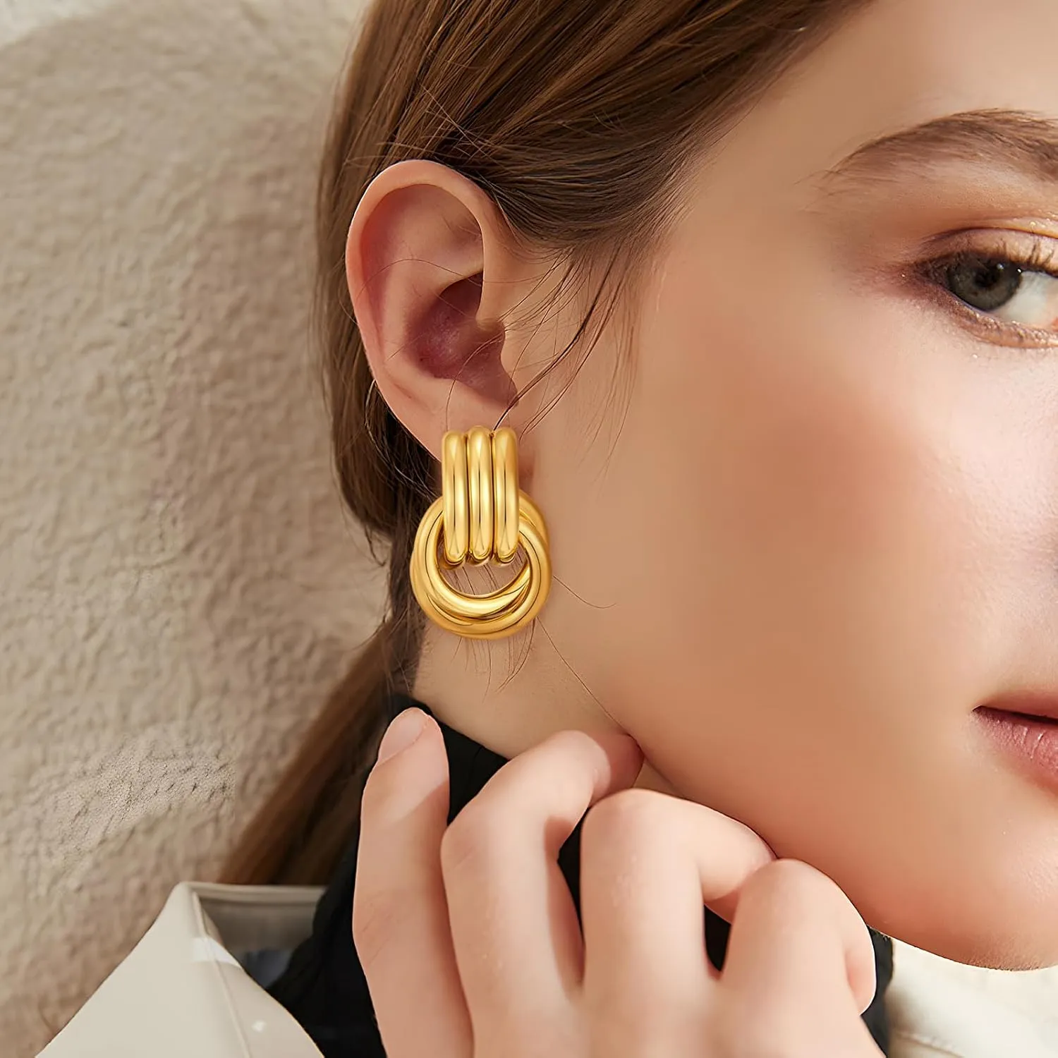 Two Tone Knot Studs Earrings Gold and Silver Door Knocker Earrings for Women Mixed Metal Geometric Earrings Lightweight Trendy Jewelry