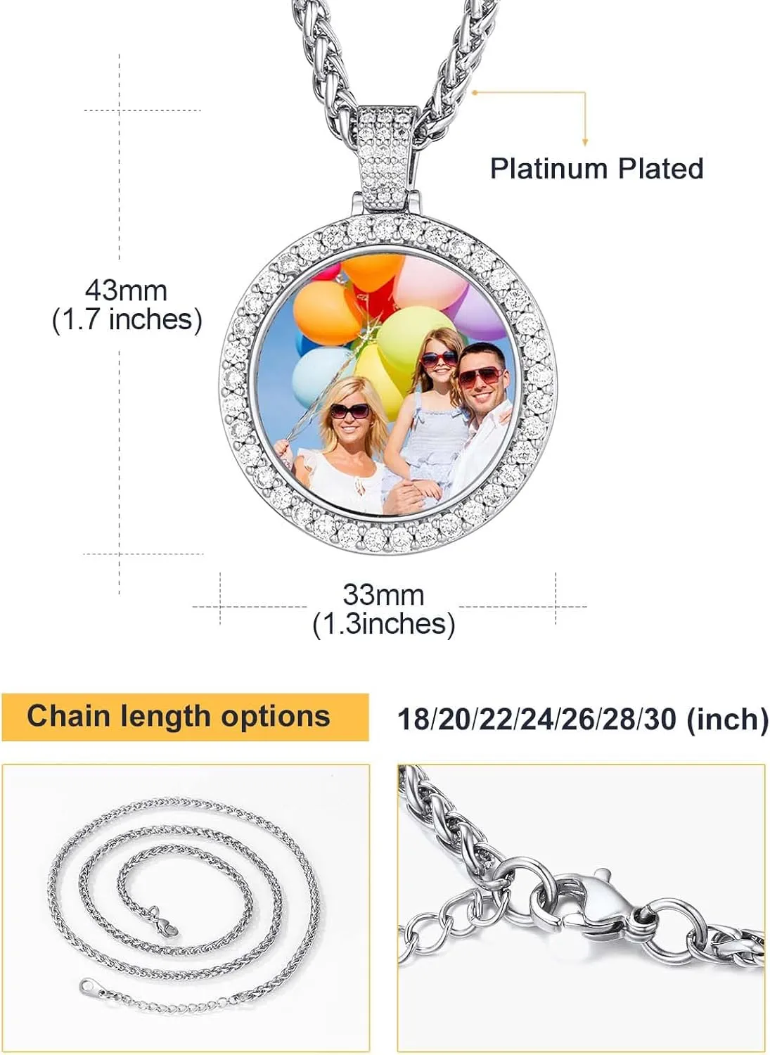 U7 Custom Photo Necklace Men Women Personalized Jewelry Customized Any Picture Pendant Stainless Steel Chain 18-30 Inch Tennis Necklaces, Mothers or Lover Gift