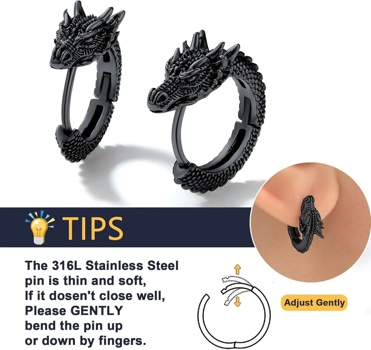 U7 Punk Rock Earrings for Men Women Hypoallergenic Stainless Steel/18K Gold/Black/S925 Sterling Silver Punk Rock Earrings Personalized Dragon/Dinosaur Earrings