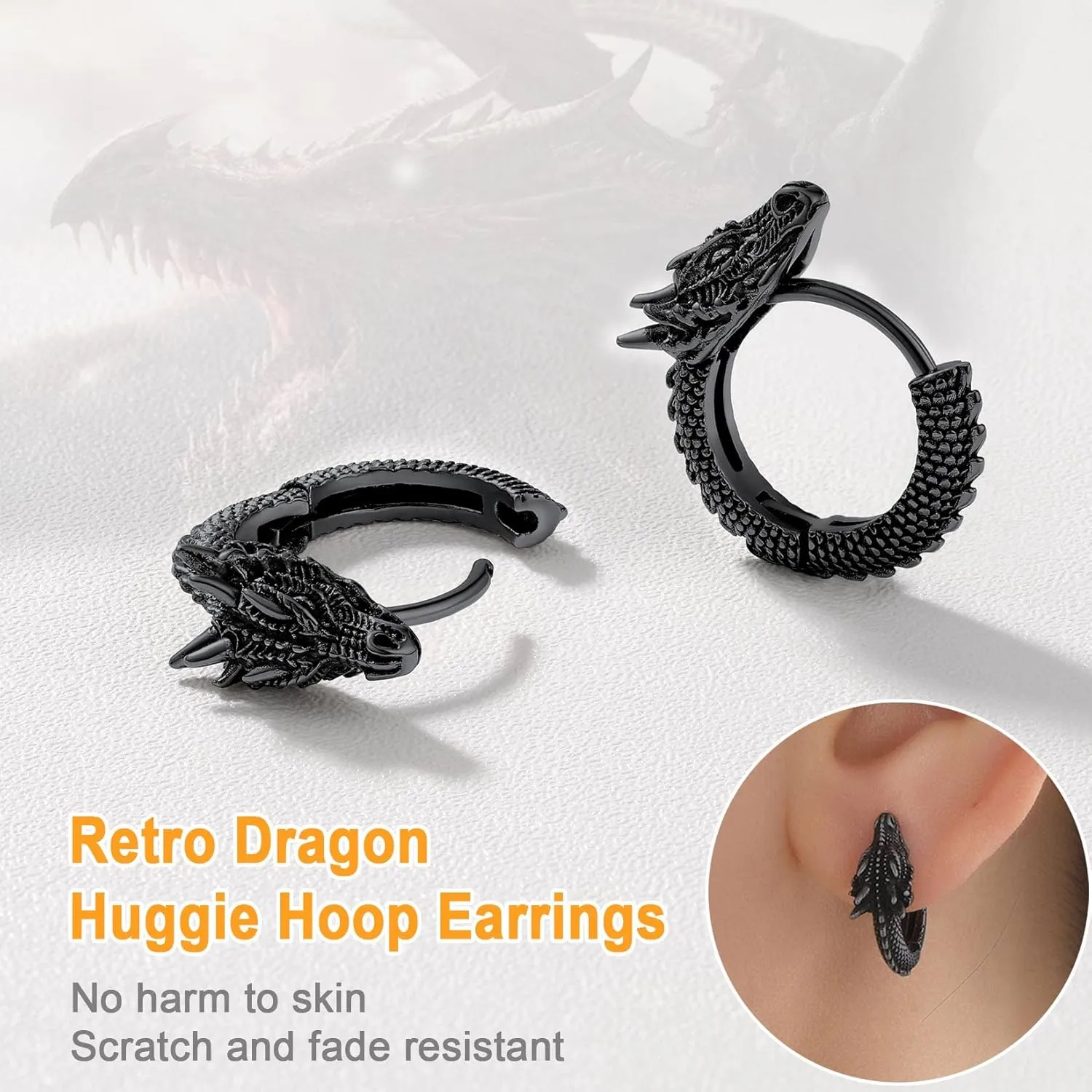 U7 Punk Rock Earrings for Men Women Hypoallergenic Stainless Steel/18K Gold/Black/S925 Sterling Silver Punk Rock Earrings Personalized Dragon/Dinosaur Earrings
