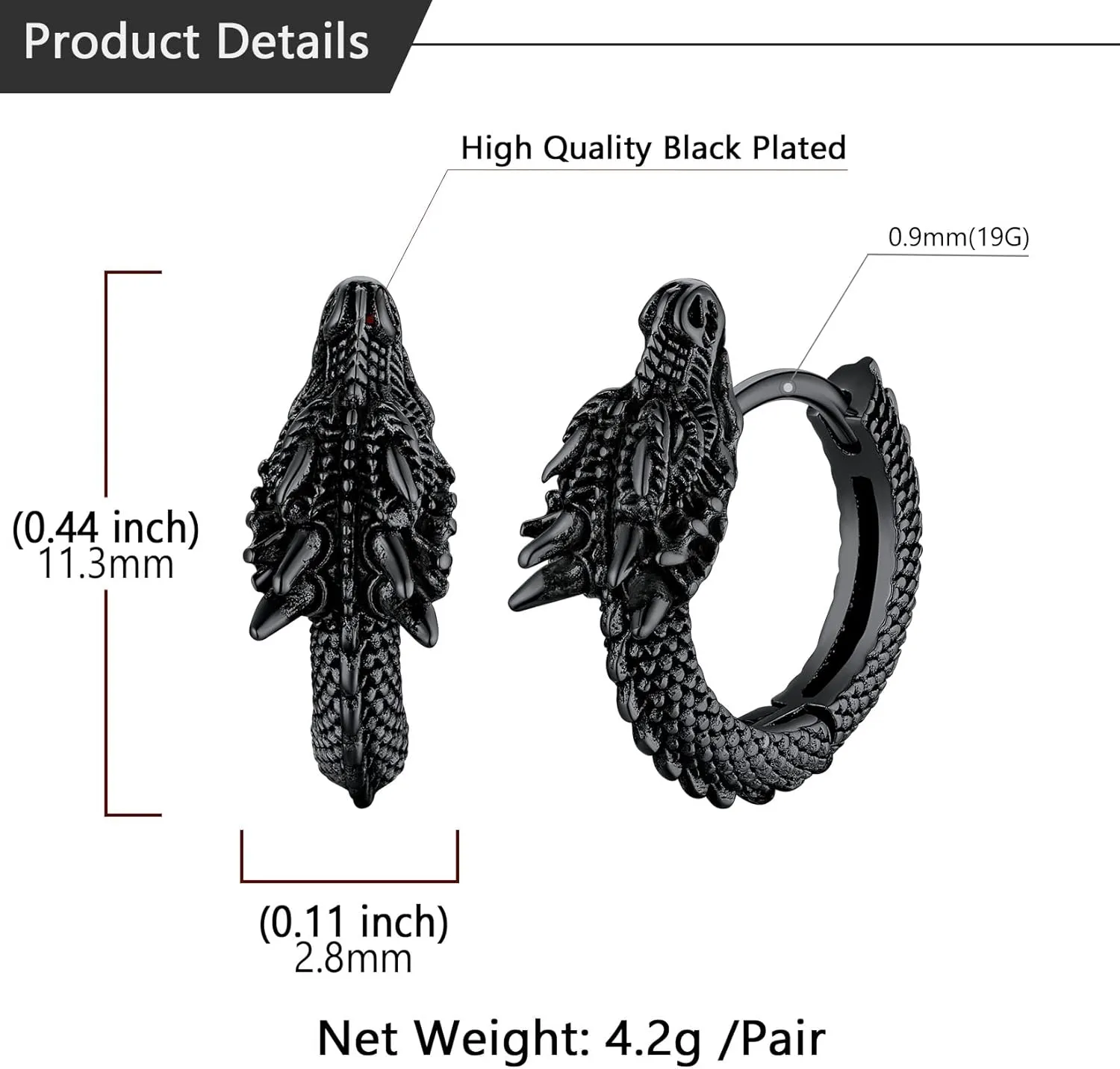 U7 Punk Rock Earrings for Men Women Hypoallergenic Stainless Steel/18K Gold/Black/S925 Sterling Silver Punk Rock Earrings Personalized Dragon/Dinosaur Earrings