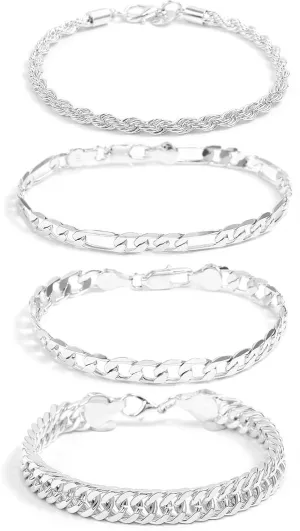 UILZ 4pcs Silver Bracelets Set Solid 925 Sterling Silver Bracelet with Silver Rope Figaro Cuban Link Chain 8 inch Men Jewelry Gifts for Dad Husband