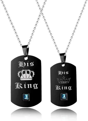 Uloveido 2 pc Gay or Lesbian Pride Dog Tag Titanium Necklaces Set His King Her Queen SN125 (Black, Gold)