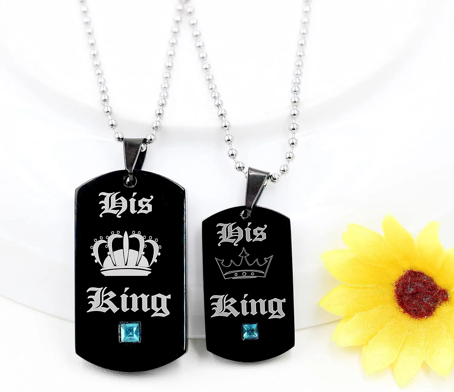 Uloveido 2 pc Gay or Lesbian Pride Dog Tag Titanium Necklaces Set His King Her Queen SN125 (Black, Gold)