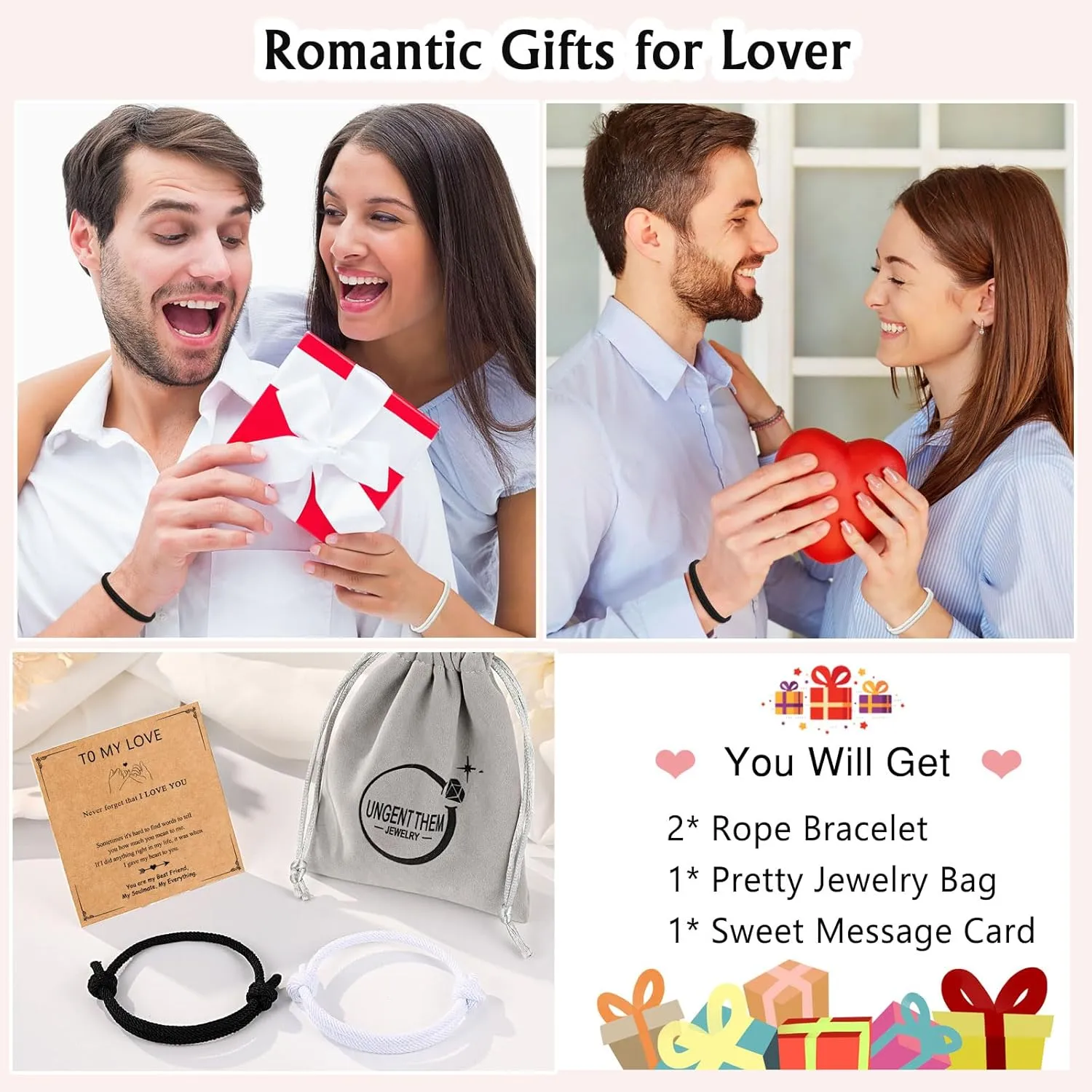 UNGENT THEM Adjustable Rope Couples Bracelets for Men, Boyfriend, Girlfriend, Soulmate, Husband, Wife - Anniversary Valentines Birthday Gifts for Him and Her