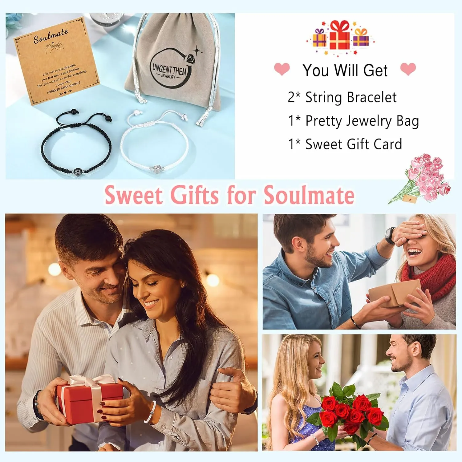 UNGENT THEM I Love You 100 Languages Bracelets, Couples Gifts for Boyfriend, Girlfriend, My Love, Soulmate, Anniversary Valentines Day Birthday Christmas Gift for Women Men