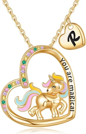 Unicorns Gifts for Girls Necklace, 14K Gold/White Gold/Rose Gold Plated Colorful CZ Heart Necklace Unicorn Necklace for Girls Initial Necklace Unicorn Jewelry for Girls Christmas Birthday Gifts