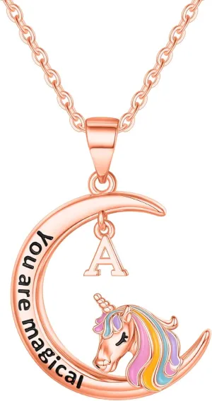 Unicorns Gifts for Girls Necklaces, 14K Gold/White Gold/Rose Gold Plated Moon Pendant Unicorn Necklace for Girls Letter Initial Unicorn Necklace for Girls Kids Toddler Unicorn Gifts for Girls