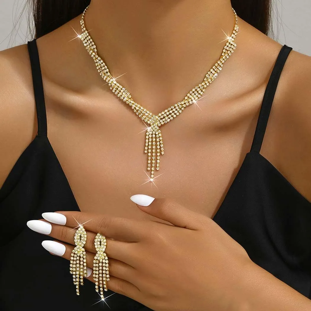 Unicra Gold Bride Necklace Earrings Set Bridal Wedding Jewelry Sets Rhinestone Prom Costume Choker Necklaces for Women