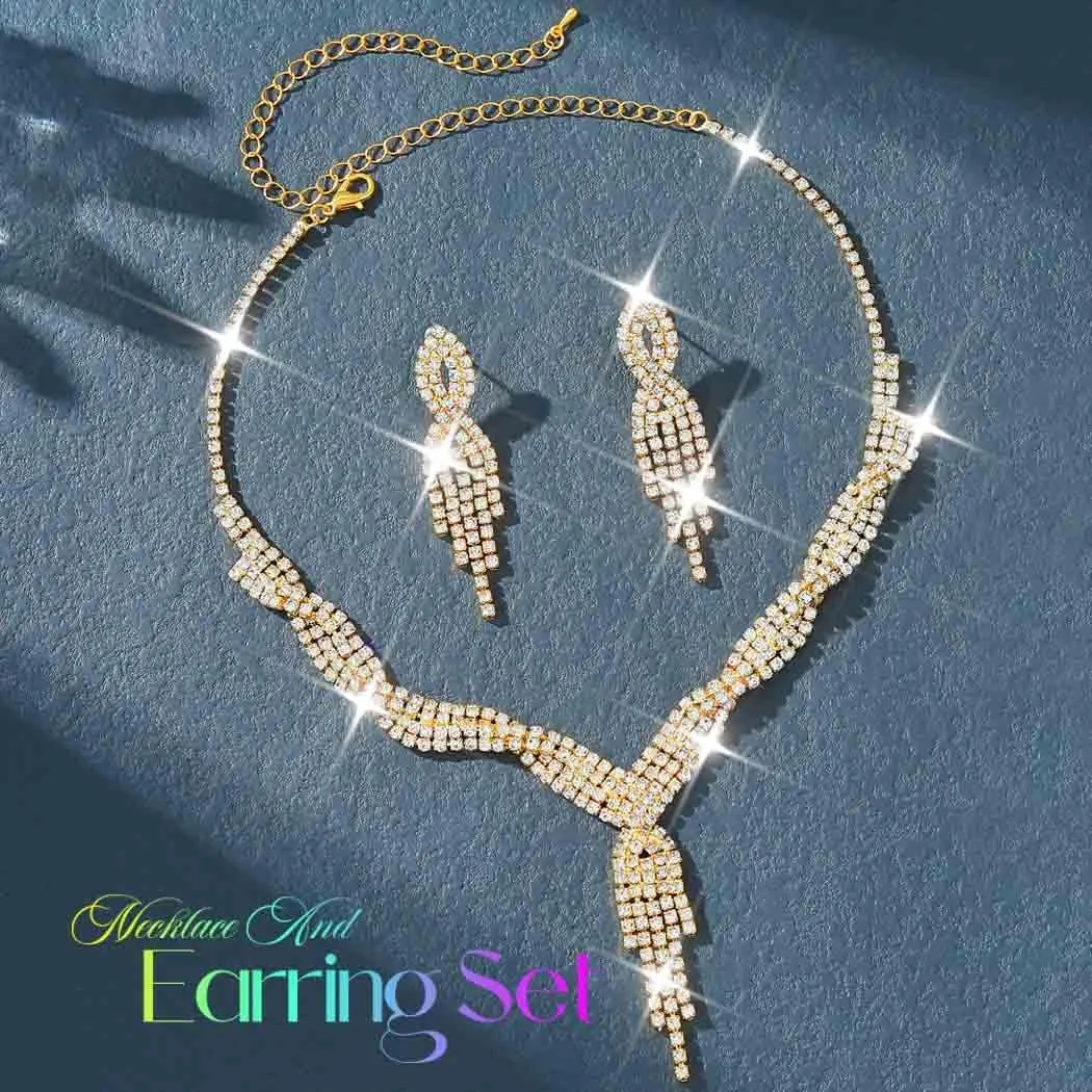 Unicra Gold Bride Necklace Earrings Set Bridal Wedding Jewelry Sets Rhinestone Prom Costume Choker Necklaces for Women