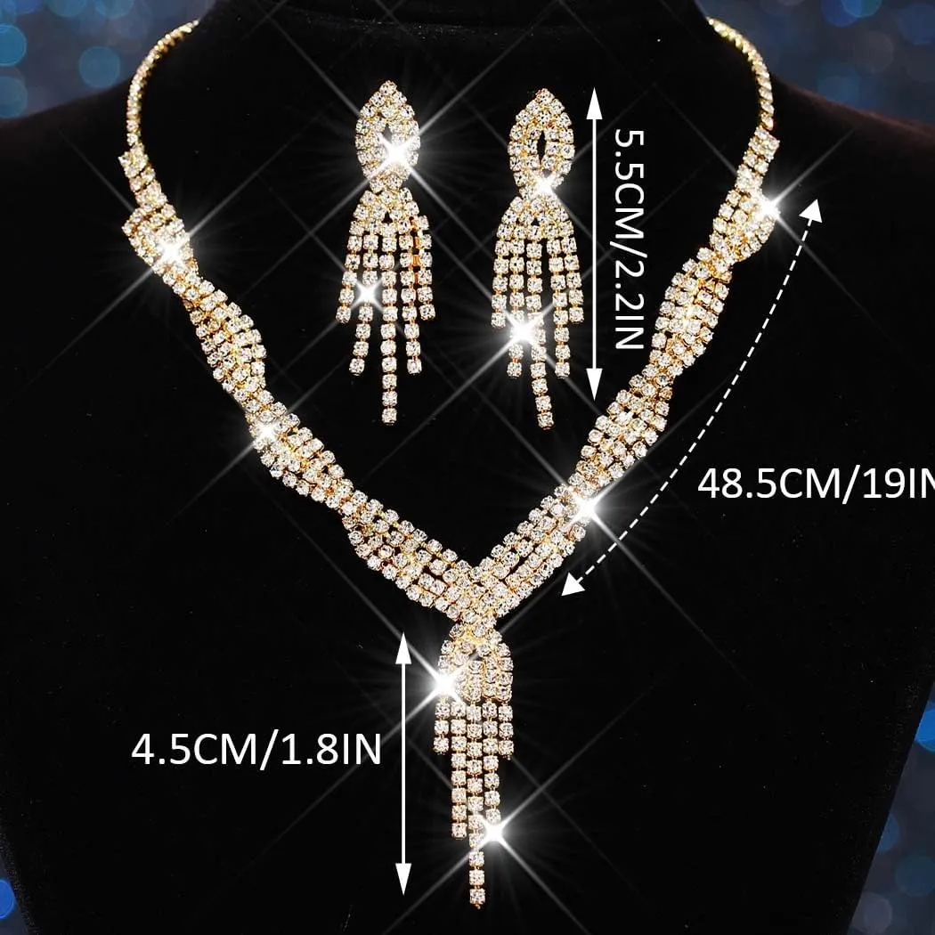 Unicra Gold Bride Necklace Earrings Set Bridal Wedding Jewelry Sets Rhinestone Prom Costume Choker Necklaces for Women