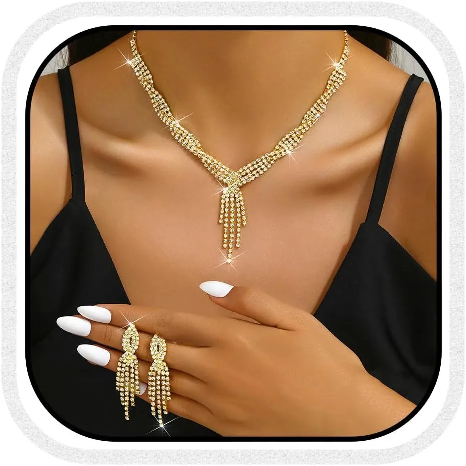 Unicra Gold Bride Necklace Earrings Set Bridal Wedding Jewelry Sets Rhinestone Prom Costume Choker Necklaces for Women