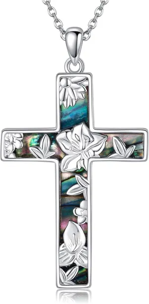 URONE Cross Necklace Sterling Silver Lotus Flower Cross Pendant Necklaces Religious Cross Jewelry Gifts for Women Men