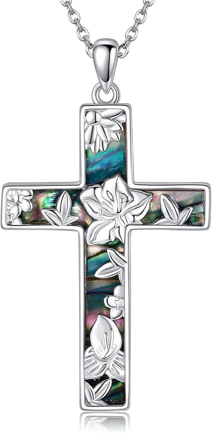 URONE Cross Necklace Sterling Silver Lotus Flower Cross Pendant Necklaces Religious Cross Jewelry Gifts for Women Men