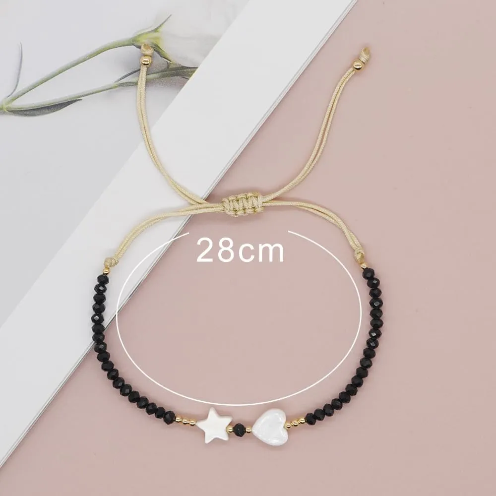 Valentines Day Handmade Stone Beaded Love Heart Star Strand Bracelets for Women, Cute Adjustable String Braided Boho Gold Beads Friendship Bracelets Holiday Prom Jewelry Gift