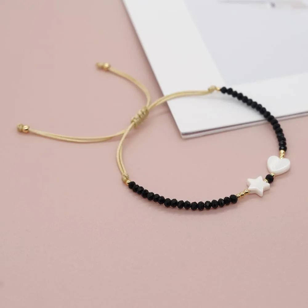 Valentines Day Handmade Stone Beaded Love Heart Star Strand Bracelets for Women, Cute Adjustable String Braided Boho Gold Beads Friendship Bracelets Holiday Prom Jewelry Gift