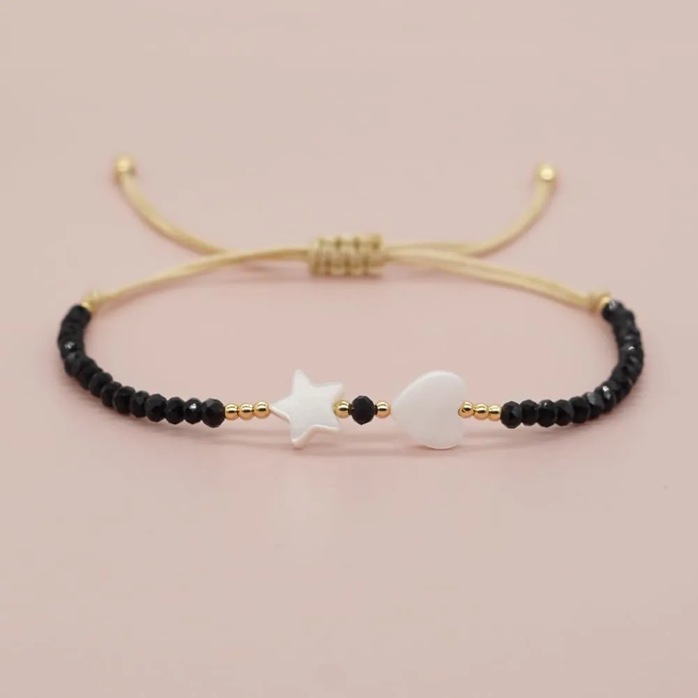 Valentines Day Handmade Stone Beaded Love Heart Star Strand Bracelets for Women, Cute Adjustable String Braided Boho Gold Beads Friendship Bracelets Holiday Prom Jewelry Gift