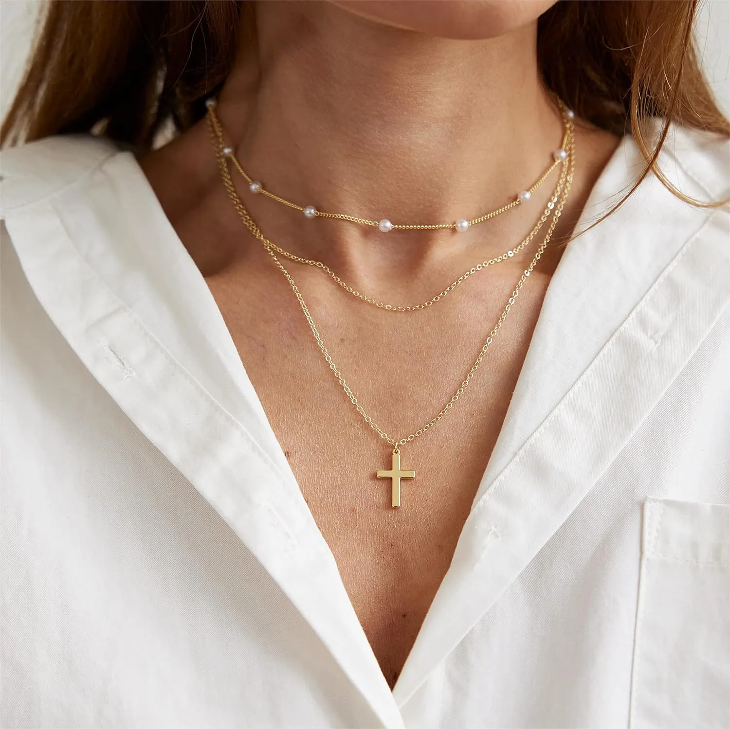 VIROMY Dainty Gold Necklace for Women 14K Gold Plated Layered Satellite Necklaces Trible Layering Paper Clip Chain Link Necklace Everyday Jewelry