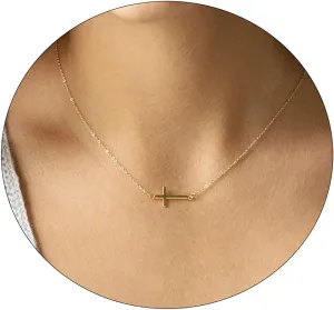 VIROMY Gold Cross Necklace for Women 14K Gold Plated Cute Sidways Cross Pendant Choker Necklaces Simple Trendy Everyday Jewelry for Women