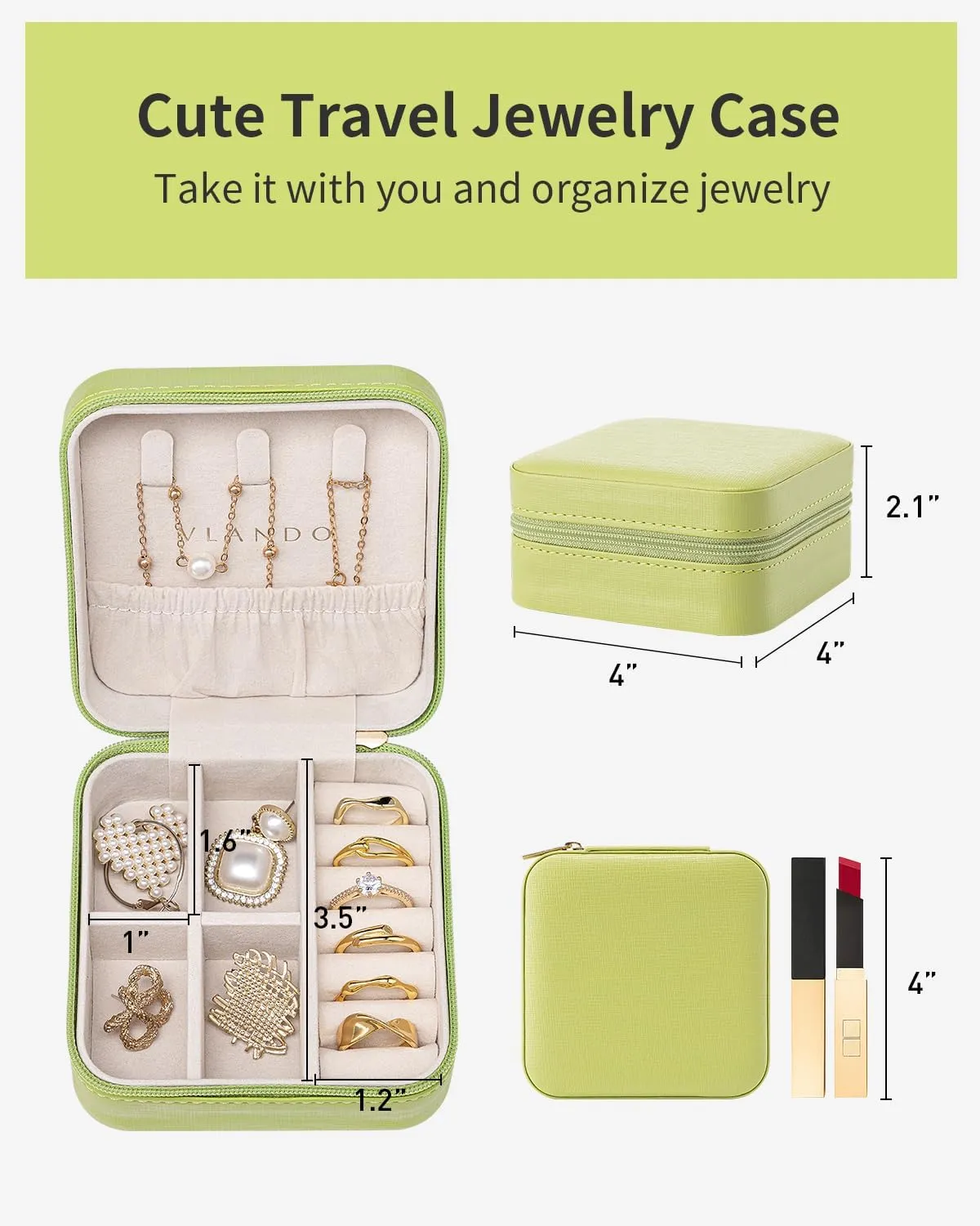 Vlando Small Travel Jewelry Box Organizer - Girls Women Gift Rings Earrings Necklaces Jewelry Storage Display Case Green