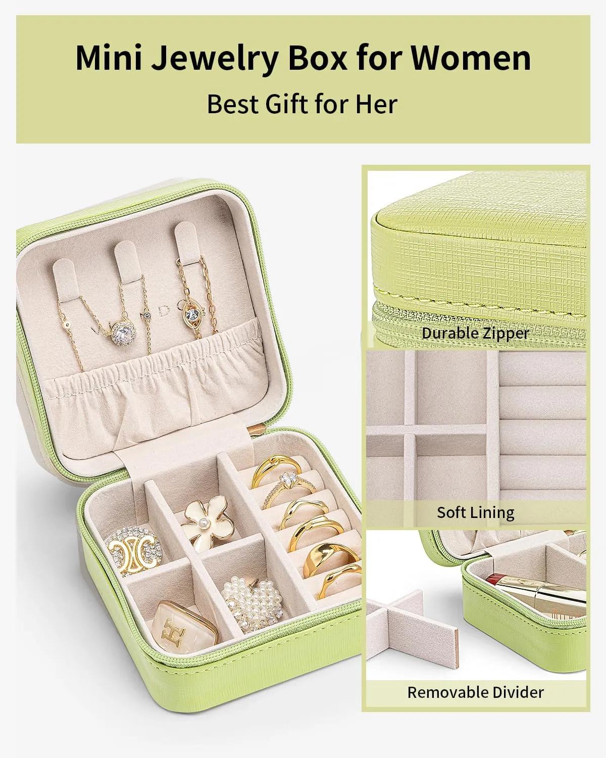 Vlando Small Travel Jewelry Box Organizer - Girls Women Gift Rings Earrings Necklaces Jewelry Storage Display Case Green