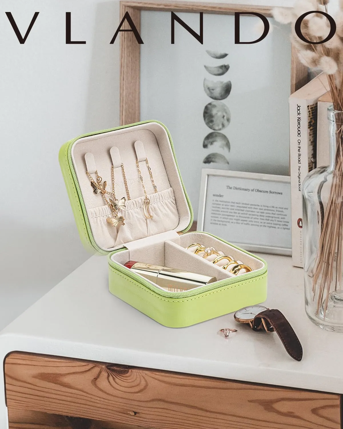 Vlando Small Travel Jewelry Box Organizer - Girls Women Gift Rings Earrings Necklaces Jewelry Storage Display Case Green