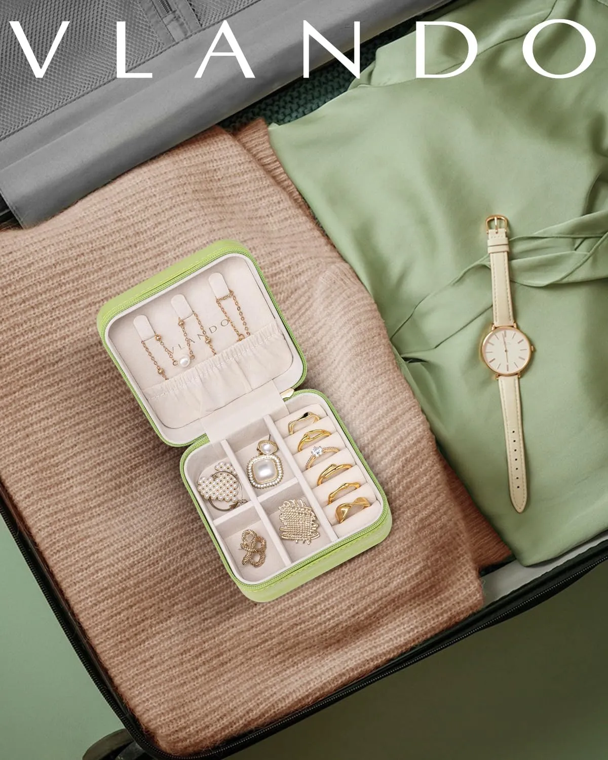 Vlando Small Travel Jewelry Box Organizer - Girls Women Gift Rings Earrings Necklaces Jewelry Storage Display Case Green