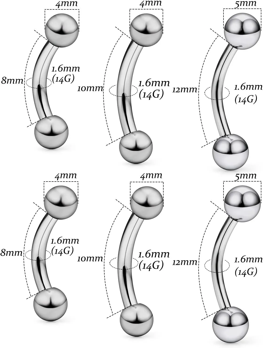 Vsnnsns 14G 16G Eyebrow Piercing Jewelry G23 Titanium Curved Barbell Eyebrow Ring Vertical Labret Lip Jewelry Rook Daith Earrings Piercing Jewelry for Women Men 6mm 8mm 10mm 12mm 14mm 16mm