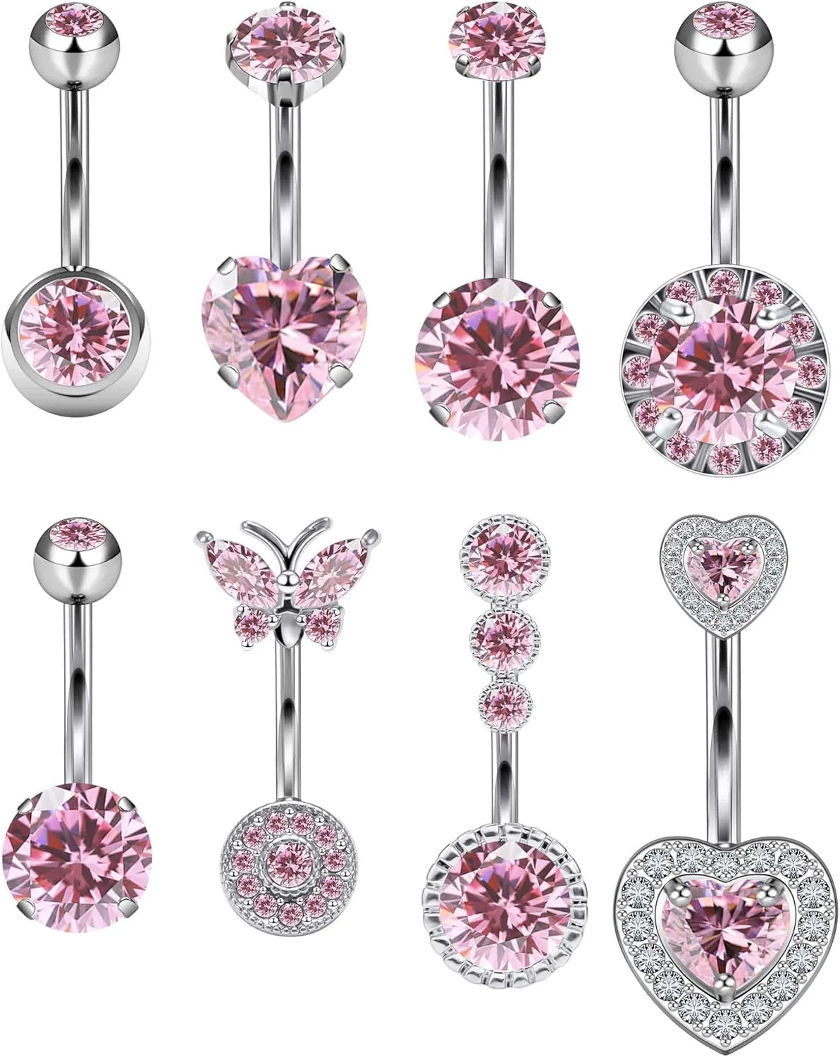 Vsnnsns 14G Belly Button Ring Piercing Jewelry 316L Stainless Surgical Steel Heart CZ Opal Butterfly Navel Rings Reverse Belly Button Ring Navel Piercing Jewelry for Women Men Hypoallergenic