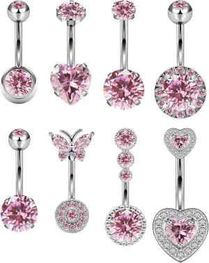 Vsnnsns 14G Belly Button Ring Piercing Jewelry 316L Stainless Surgical Steel Heart CZ Opal Butterfly Navel Rings Reverse Belly Button Ring Navel Piercing Jewelry for Women Men Hypoallergenic