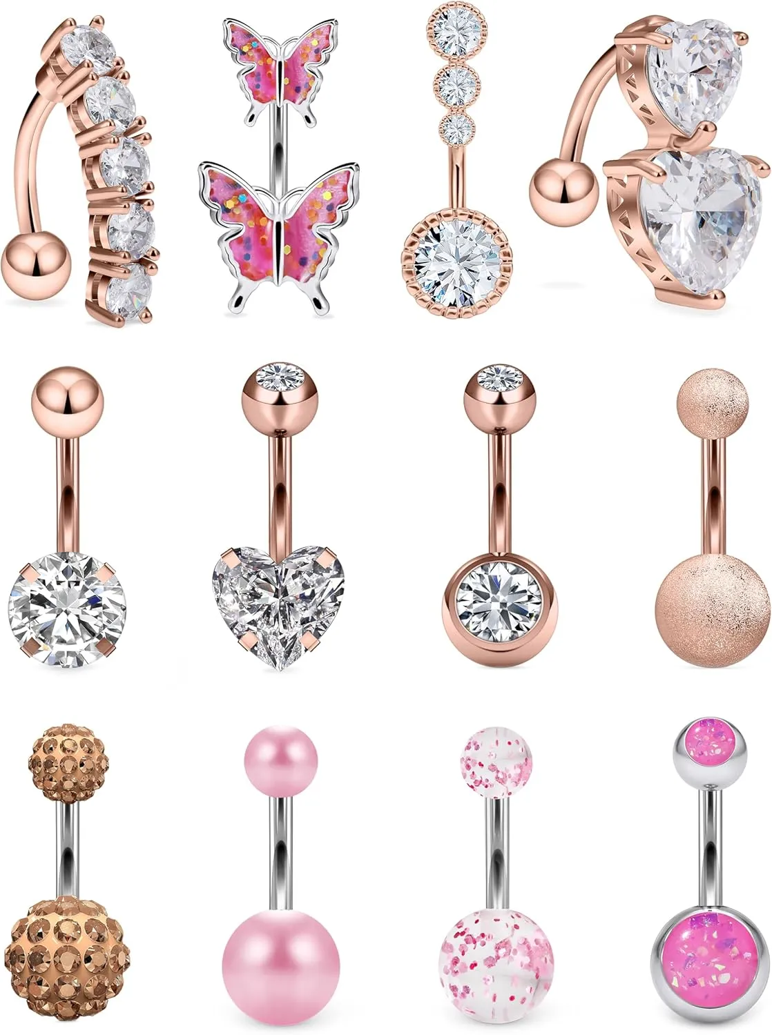 Vsnnsns 14G Belly Button Ring Piercing Jewelry 316L Stainless Surgical Steel Heart CZ Opal Butterfly Navel Rings Reverse Belly Button Ring Navel Piercing Jewelry for Women Men Hypoallergenic