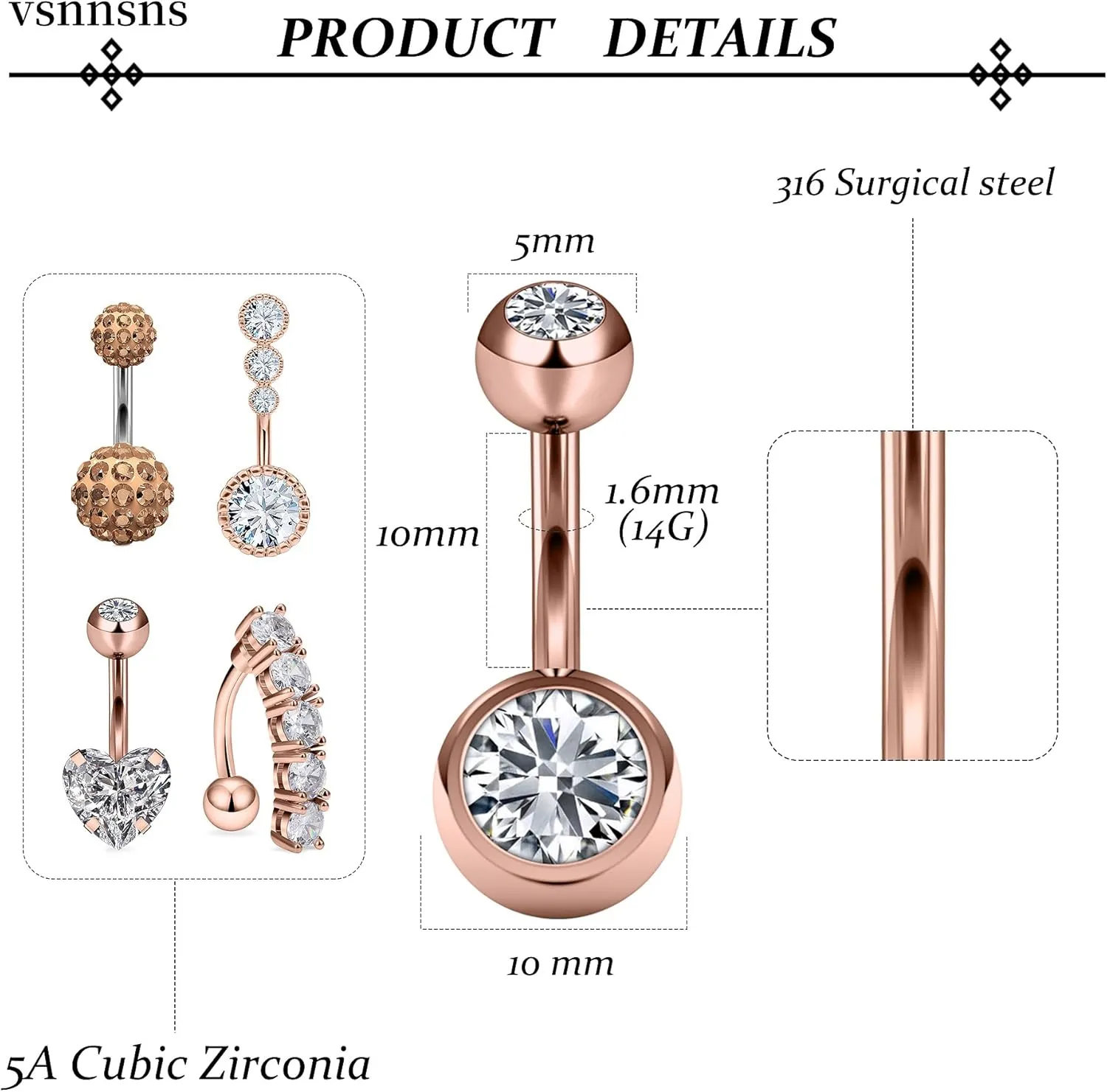Vsnnsns 14G Belly Button Ring Piercing Jewelry 316L Stainless Surgical Steel Heart CZ Opal Butterfly Navel Rings Reverse Belly Button Ring Navel Piercing Jewelry for Women Men Hypoallergenic