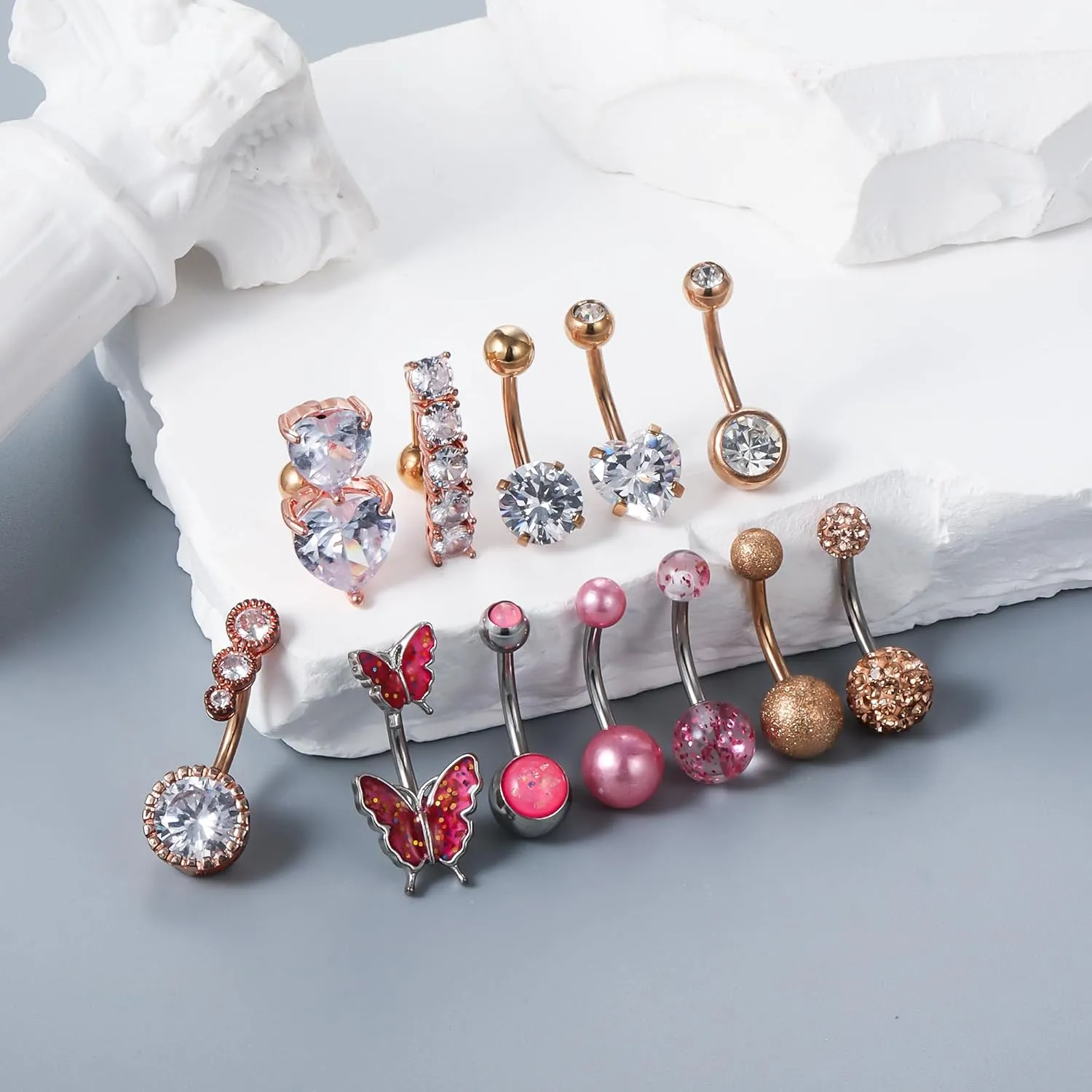 Vsnnsns 14G Belly Button Ring Piercing Jewelry 316L Stainless Surgical Steel Heart CZ Opal Butterfly Navel Rings Reverse Belly Button Ring Navel Piercing Jewelry for Women Men Hypoallergenic