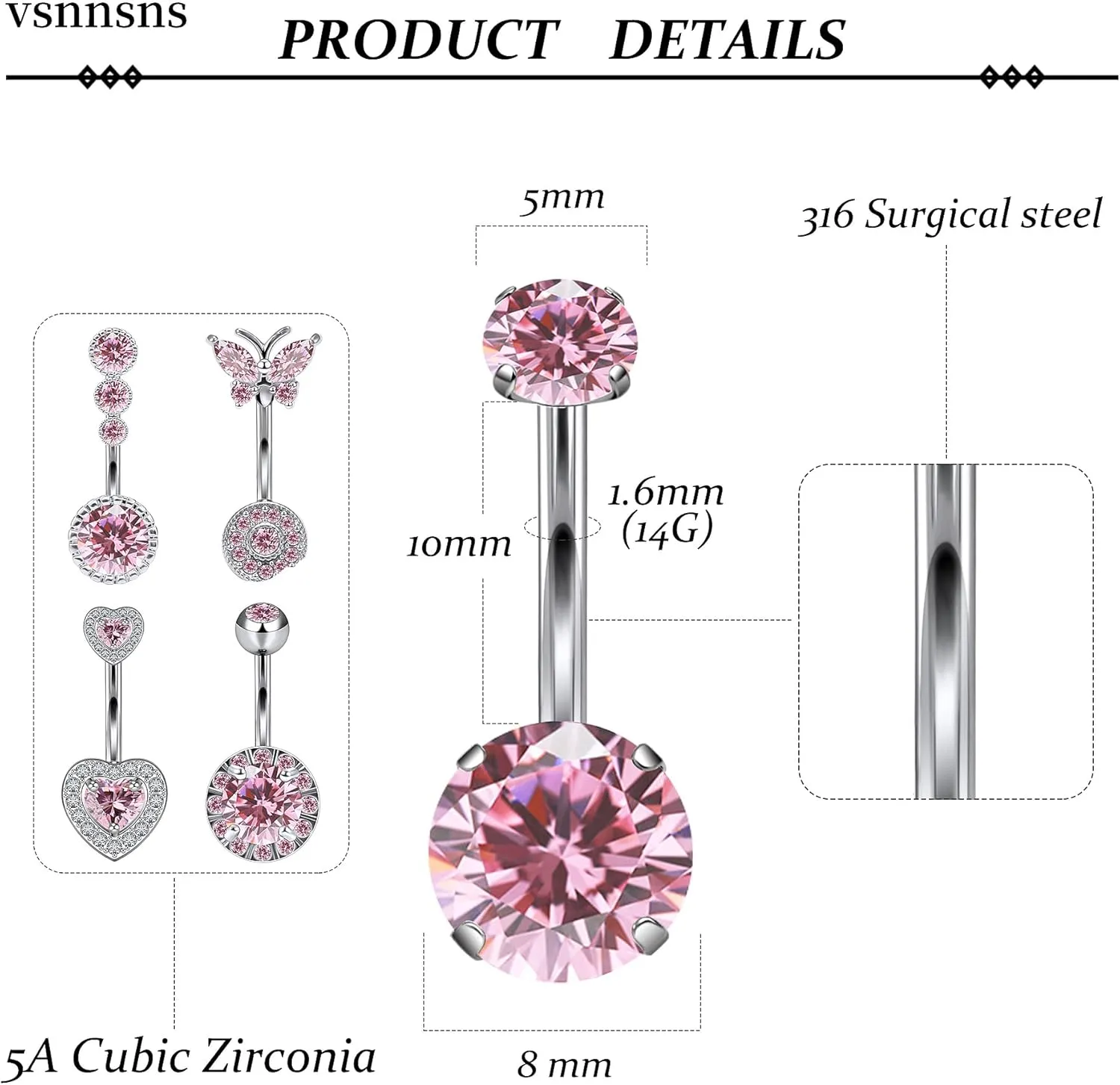 Vsnnsns 14G Belly Button Ring Piercing Jewelry 316L Stainless Surgical Steel Heart CZ Opal Butterfly Navel Rings Reverse Belly Button Ring Navel Piercing Jewelry for Women Men Hypoallergenic