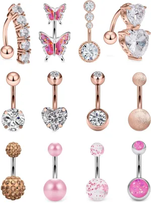 Vsnnsns 14G Belly Button Ring Piercing Jewelry 316L Stainless Surgical Steel Heart CZ Opal Butterfly Navel Rings Reverse Belly Button Ring Navel Piercing Jewelry for Women Men Hypoallergenic