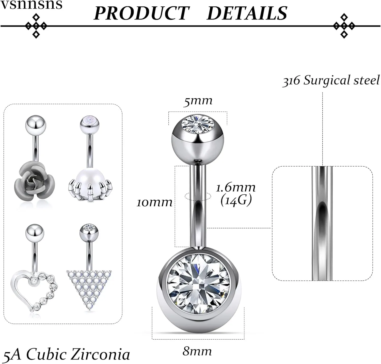 Vsnnsns 14G Dangle Belly Button Ring Piercing Jewelry 316L Stainless Surgical Steel Navel Rings Cubic Zirconia Heart Flower CZ Dangling Belly Button Ring Piercing Jewelry for Women 14 Gauge