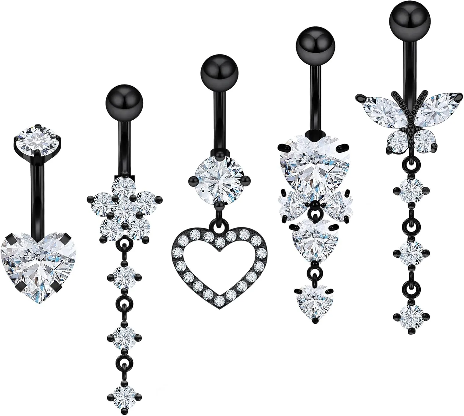 Vsnnsns 14G Dangle Belly Button Ring Piercing Jewelry 316L Stainless Surgical Steel Snake Heart Butterfly Flower Diamond CZ Navel Rings Dangling Belly Button Ring Piercing Jewelry for Women 14 Gauge