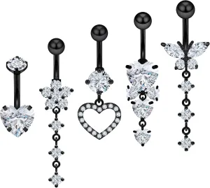 Vsnnsns 14G Dangle Belly Button Ring Piercing Jewelry 316L Stainless Surgical Steel Snake Heart Butterfly Flower Diamond CZ Navel Rings Dangling Belly Button Ring Piercing Jewelry for Women 14 Gauge
