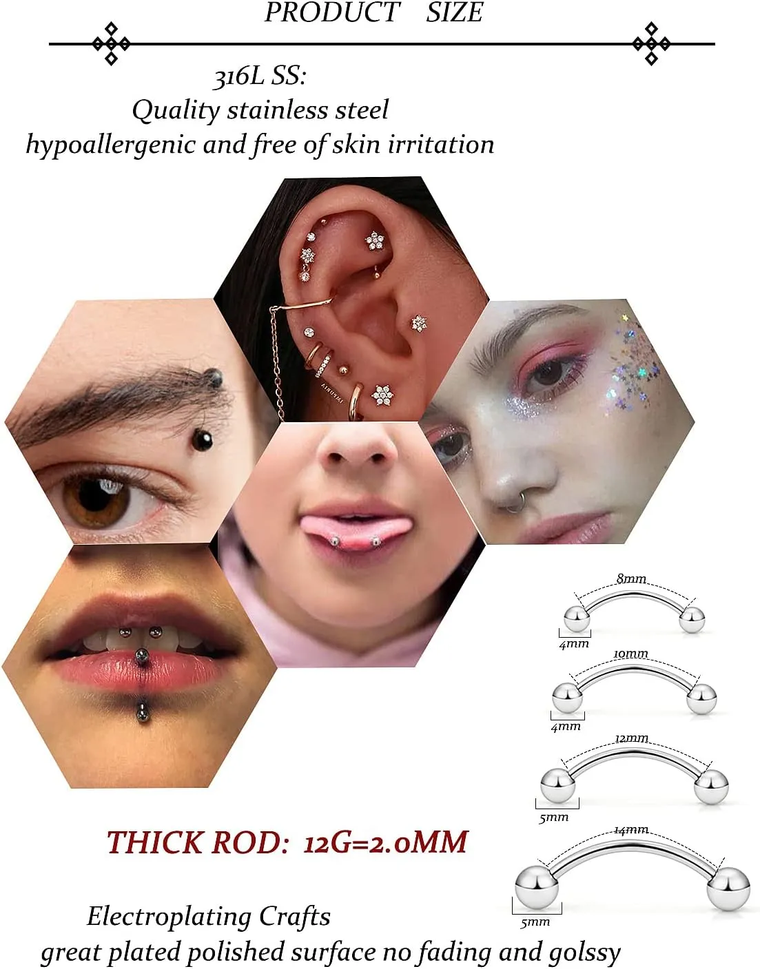 Vsnnsns 20G 16G 14G 12G Eyebrow Piercing Jewelry Surgical Steel Curved Barbell Eyebrow Ring Vertical Labret Lip Jewelry Rook Daith Earrings Piercing Jewelry for Women Men 6mm 8mm 10mm 12mm 14mm