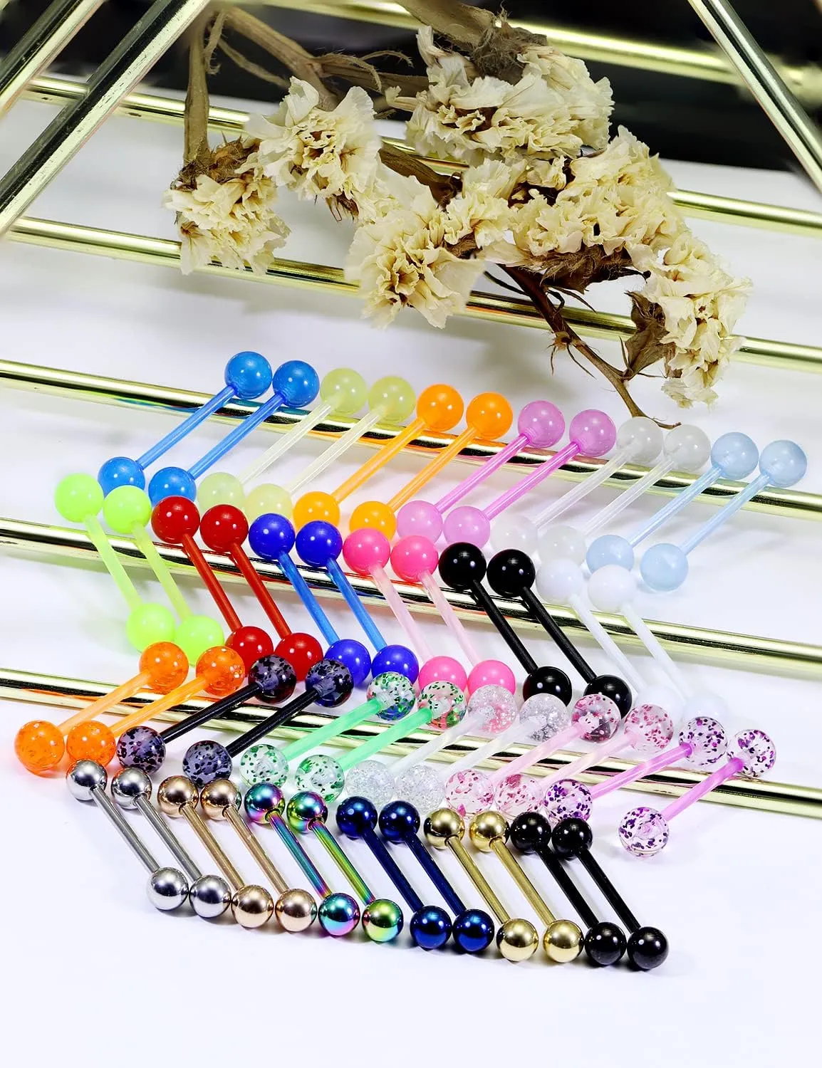 Vsnnsns 24 Pairs 14G Tongue Rings Nipple Piercing Jewelry Surgical Steel Straight Barbell Tongue Rings Glow in Dark Nipple Piercing Jewelry for Women Men 14 Gauge 14MM 16MM