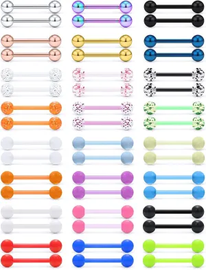 Vsnnsns 24 Pairs 14G Tongue Rings Nipple Piercing Jewelry Surgical Steel Straight Barbell Tongue Rings Glow in Dark Nipple Piercing Jewelry for Women Men 14 Gauge 14MM 16MM
